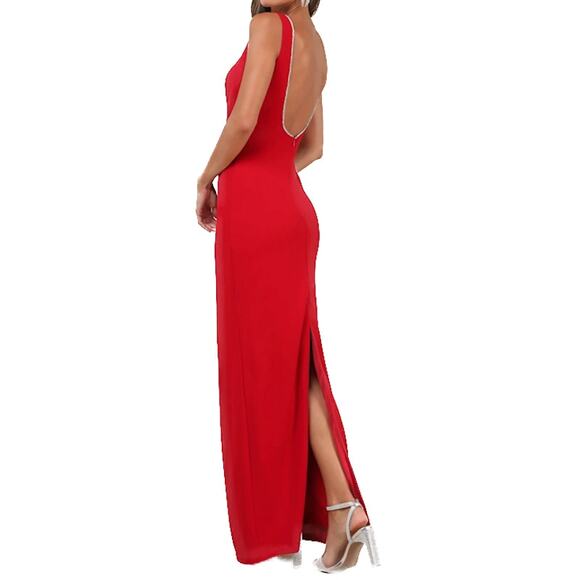 Lulus Timeless Poise Red Rhinestone Square Neck Backless Maxi Dress Size S - Picture 8 of 12